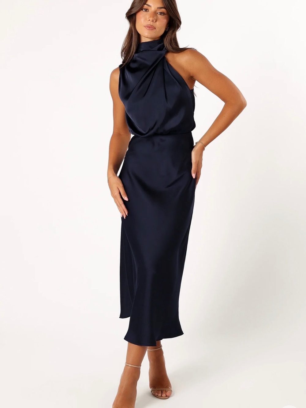 Petal & Pup Navy One-Shoulder Satin Midi Dress